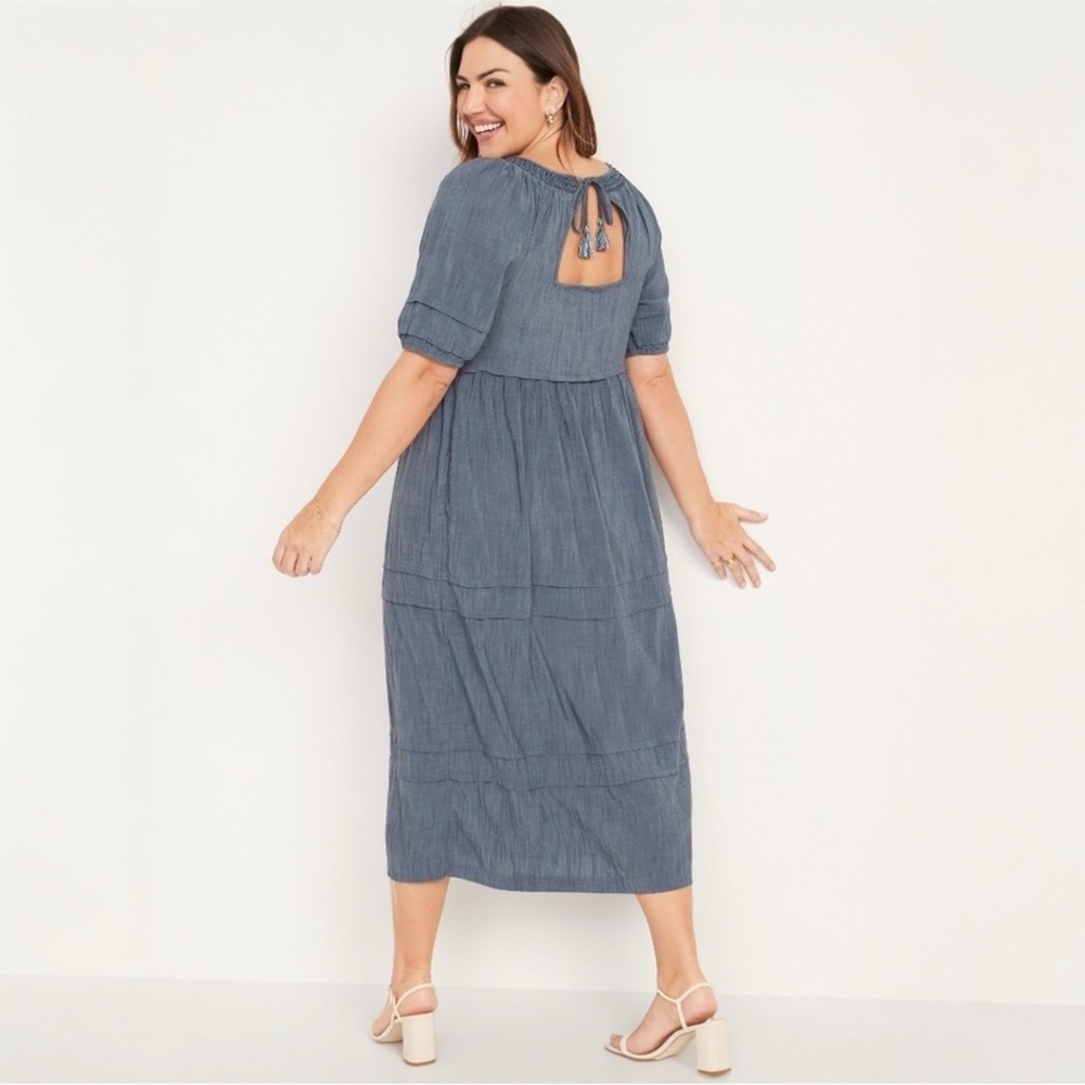 NWT Old Navy Puff-Sleeve Chambray Smocked Midi Swing Dress - Picture 2 of 8